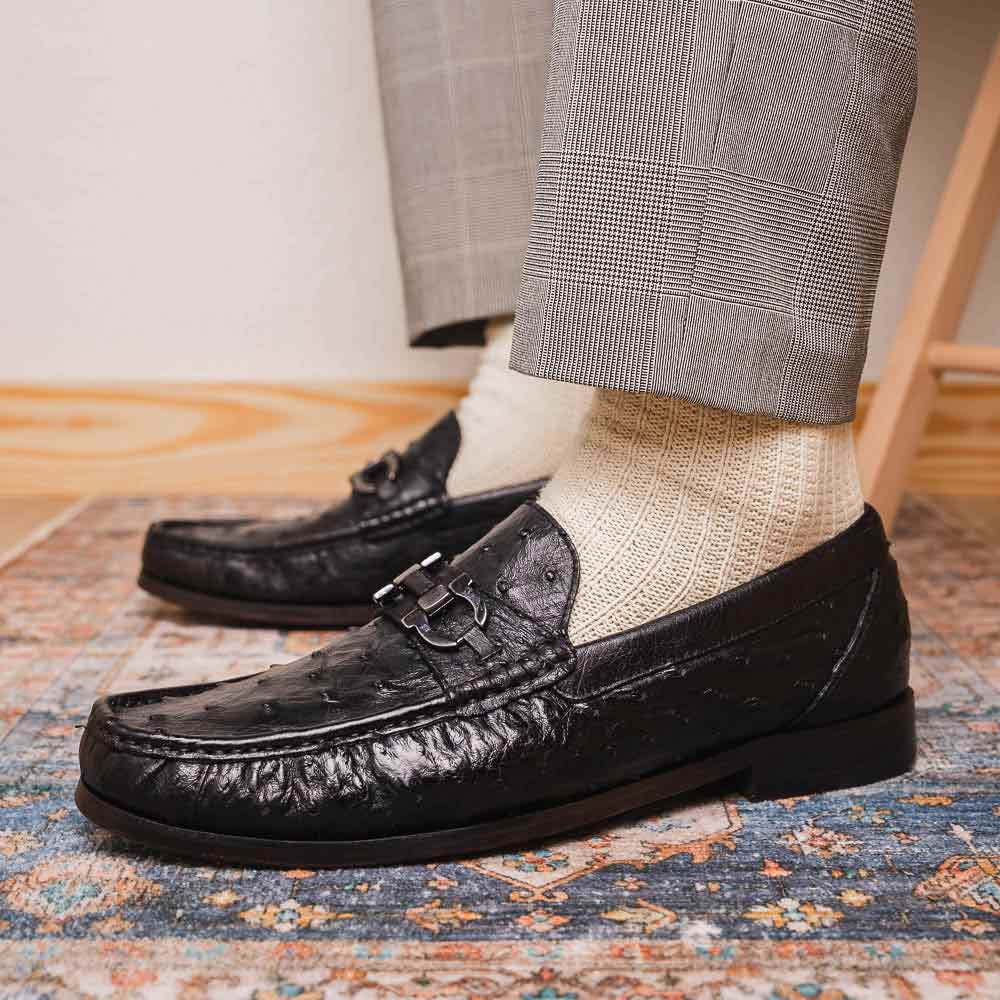 Ferrioni Black Men’s Genuine Ostrich Moc Toe Bit Loafers | Marco Di Milano