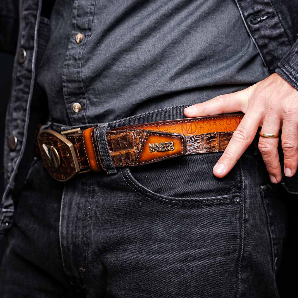 Texas Genuine Caiman Crocodile Skin Belt in Aged Brown with Antique Western Buckle | Marco Di Milano Exotic Belt