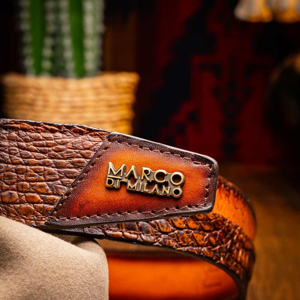 Texas Genuine Caiman Crocodile Skin Belt in Aged Maple with Antique Western Buckle | Marco Di Milano Exotic Belt