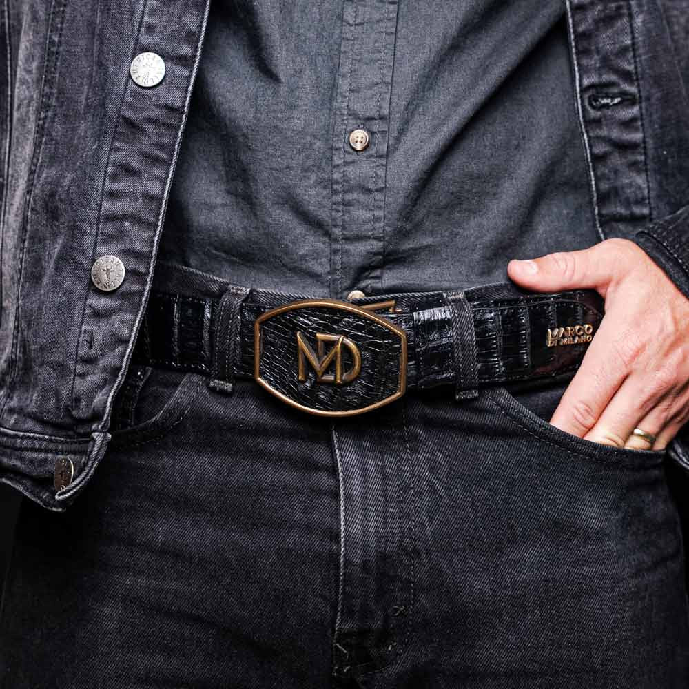Iowa Genuine Caiman Crocodile Skin Belt in Black with Antique Western Buckle | Marco Di Milano Exotic Belt