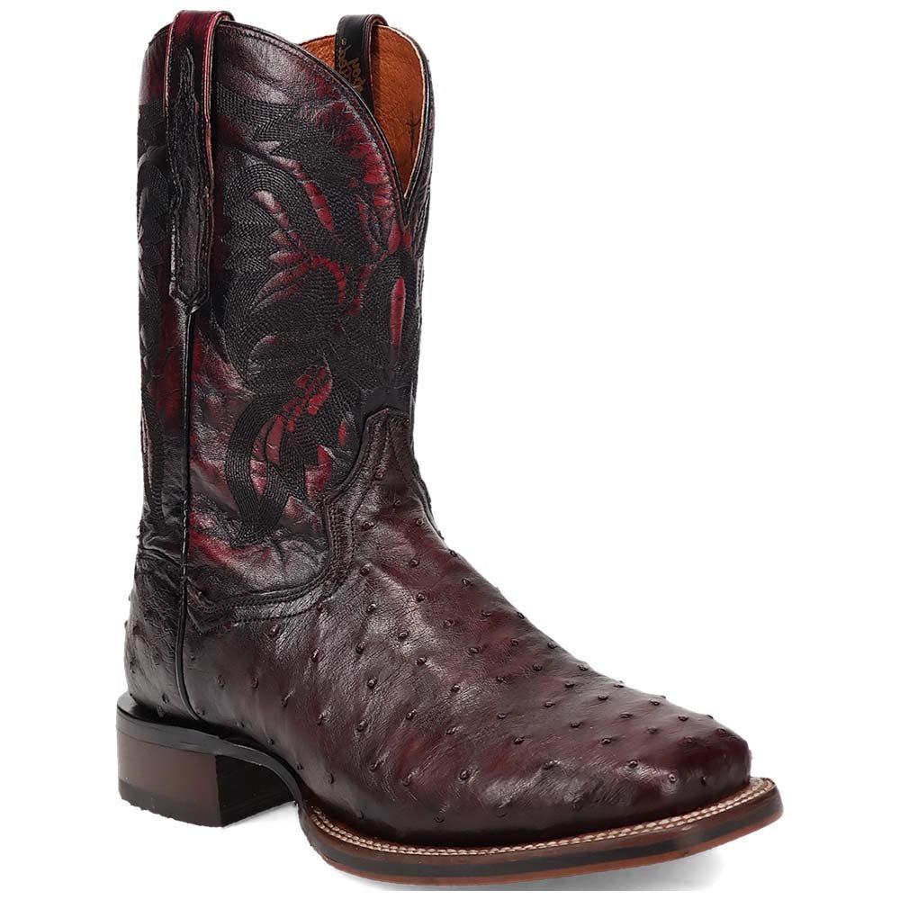 Dan Post Men’s Alamosa Black and Cherry Full Quill Ostrich Boots - shoeclassix.com