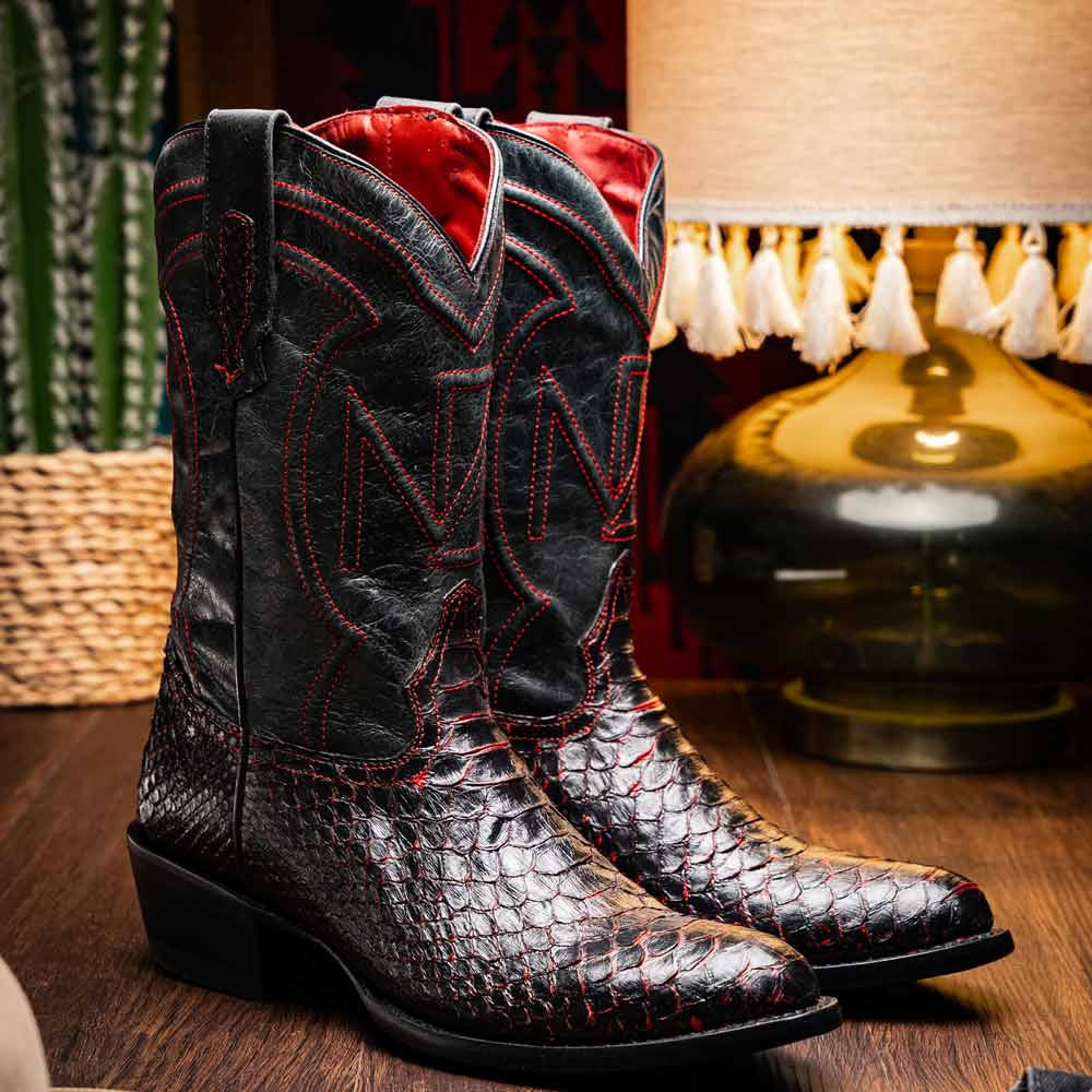 Kansas Genuine Python Skin Black Cherry Cowboy Boot | Marco Di Milano Western Boots