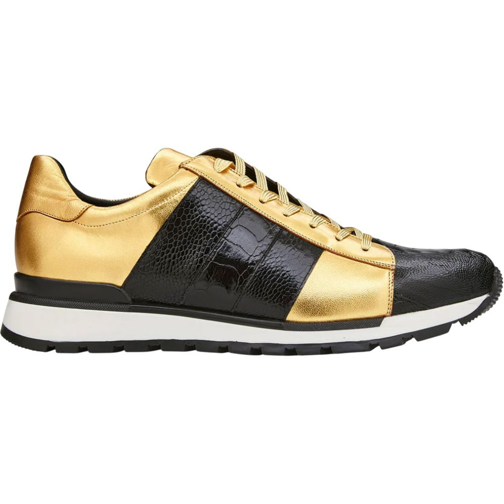 Belvedere Blake Black & Gold Fusion Exotic Ostrich/Calf-Skin Leather Sneakers
