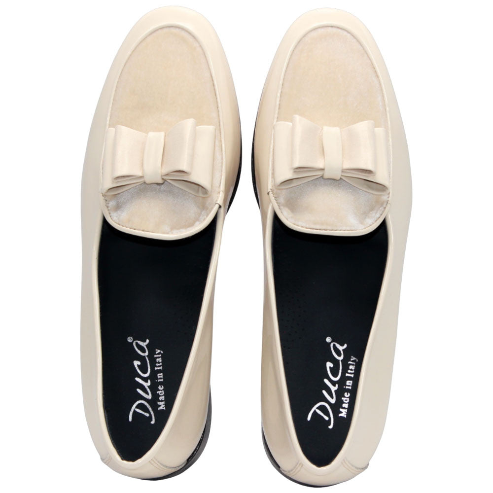 Amalfi Cream Velvet & Patent Leather Slip on | Duca Bow Dress Loafers