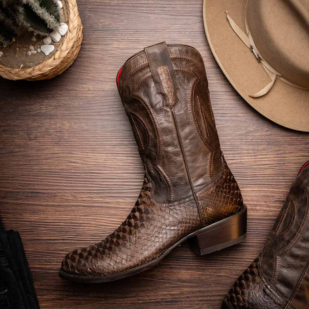 Kansas Genuine Python Skin Brown Cowboy Boot | Marco Di Milano Western Boots