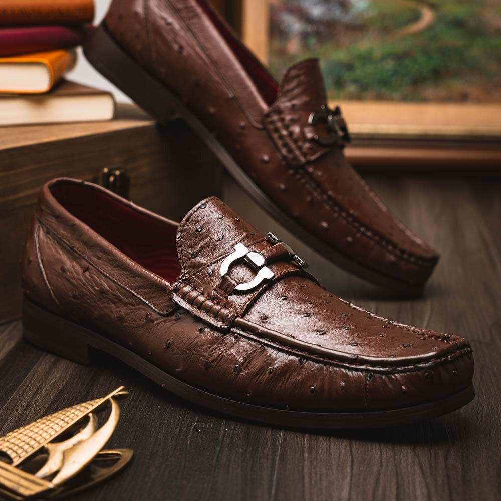 Ferrioni Kango Tabac Men’s Genuine Ostrich Moc Toe Bit Loafers | Marco Di Milano