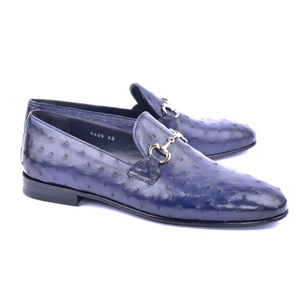 Corrente Genuine Ostrich Skin Silver Wow Bit Buckle Blue Loafers
