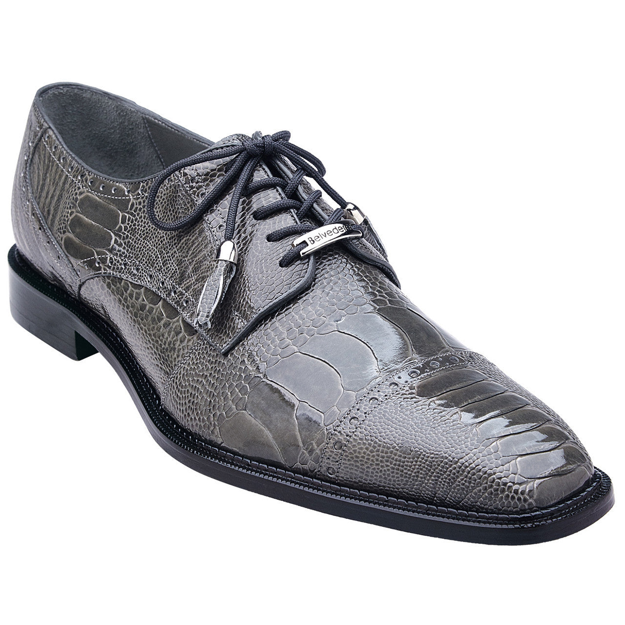 Belvedere Batta Gray Men's Genuine Ostrich Cap Toe Lace Up Shoes