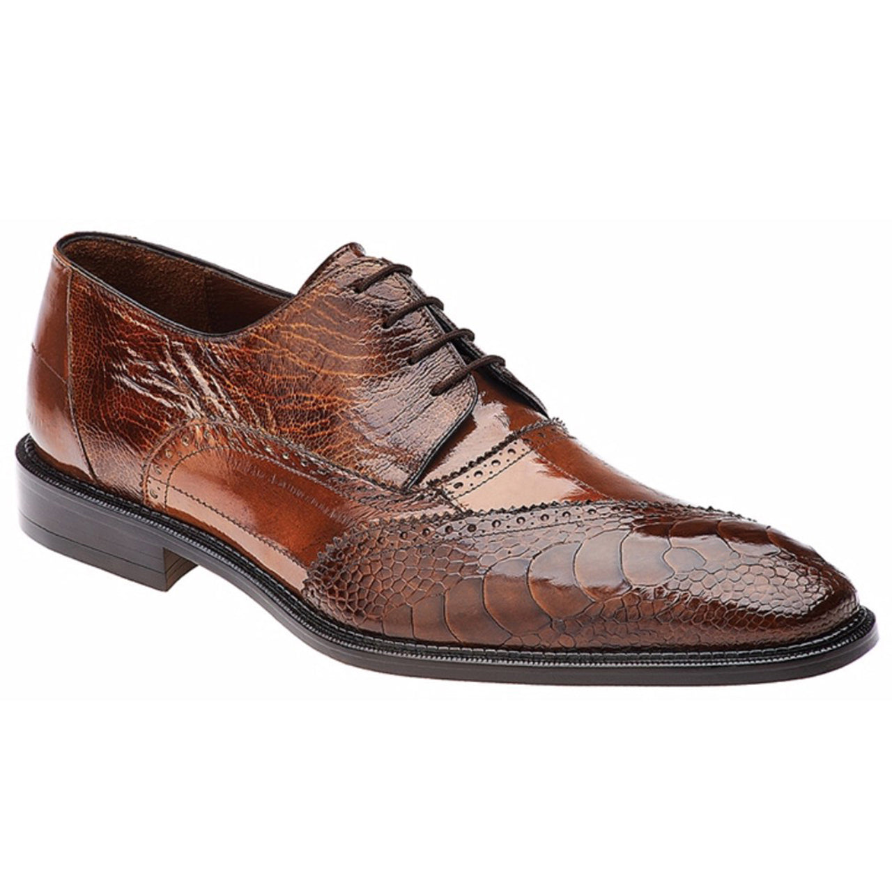 Belvedere Nino Men's Split Toe Oxford Antique Camel Eel Ostrich Shoe