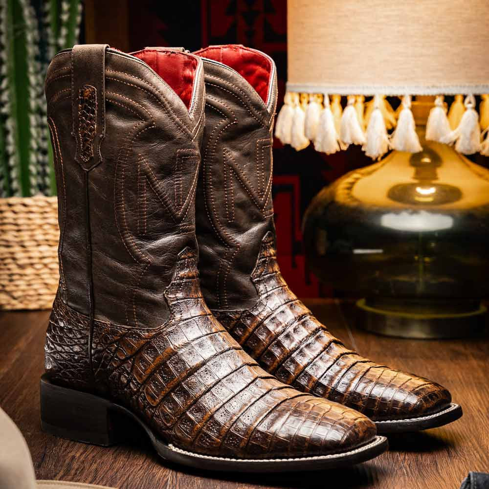 Tucson Genuine Caiman Belly Skin Aged Brown Cowboy Boot | Marco Di Milano Western Boots