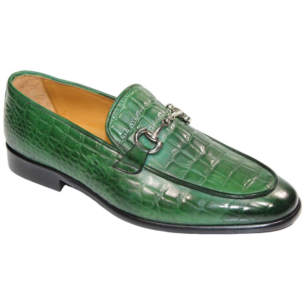 Duca Vasto Men's Green Croco Print Leather Loafers