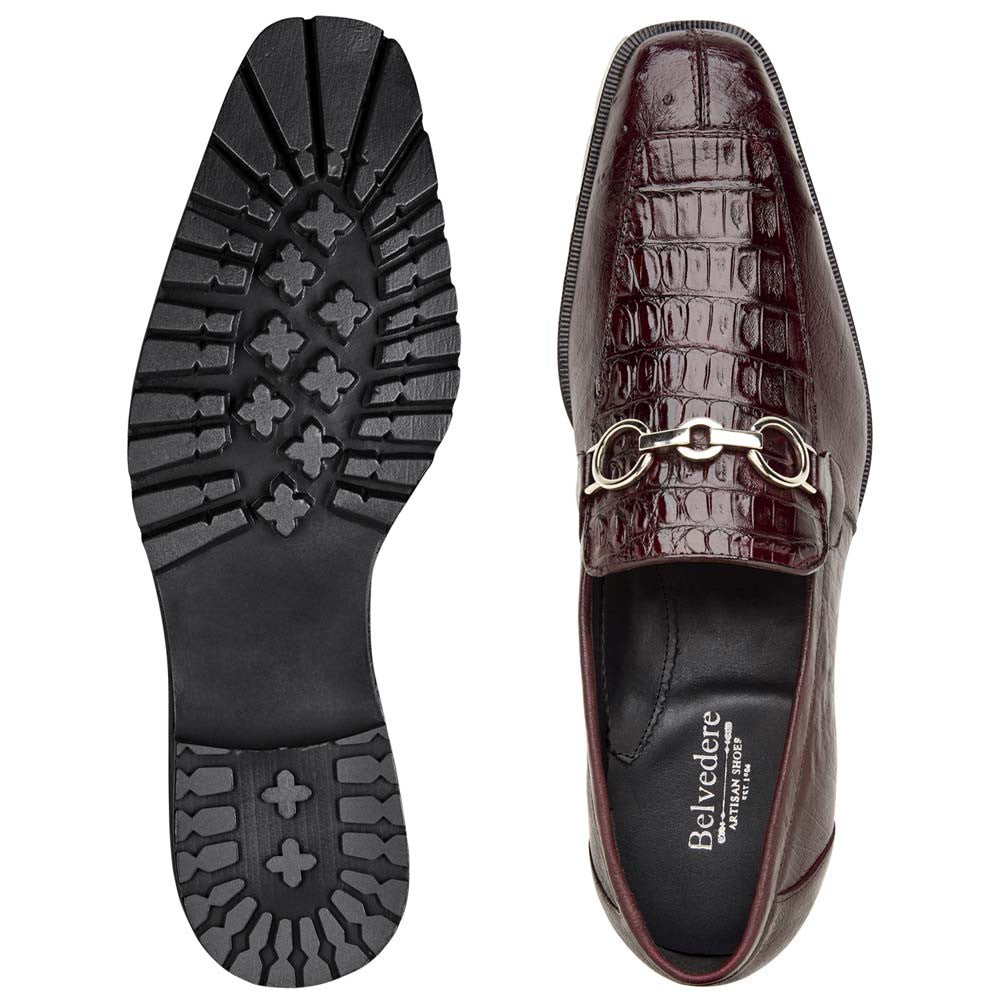 Belvedere Men's Genuine Caiman and Ostrich Quill Burgundy Loafer - Corso