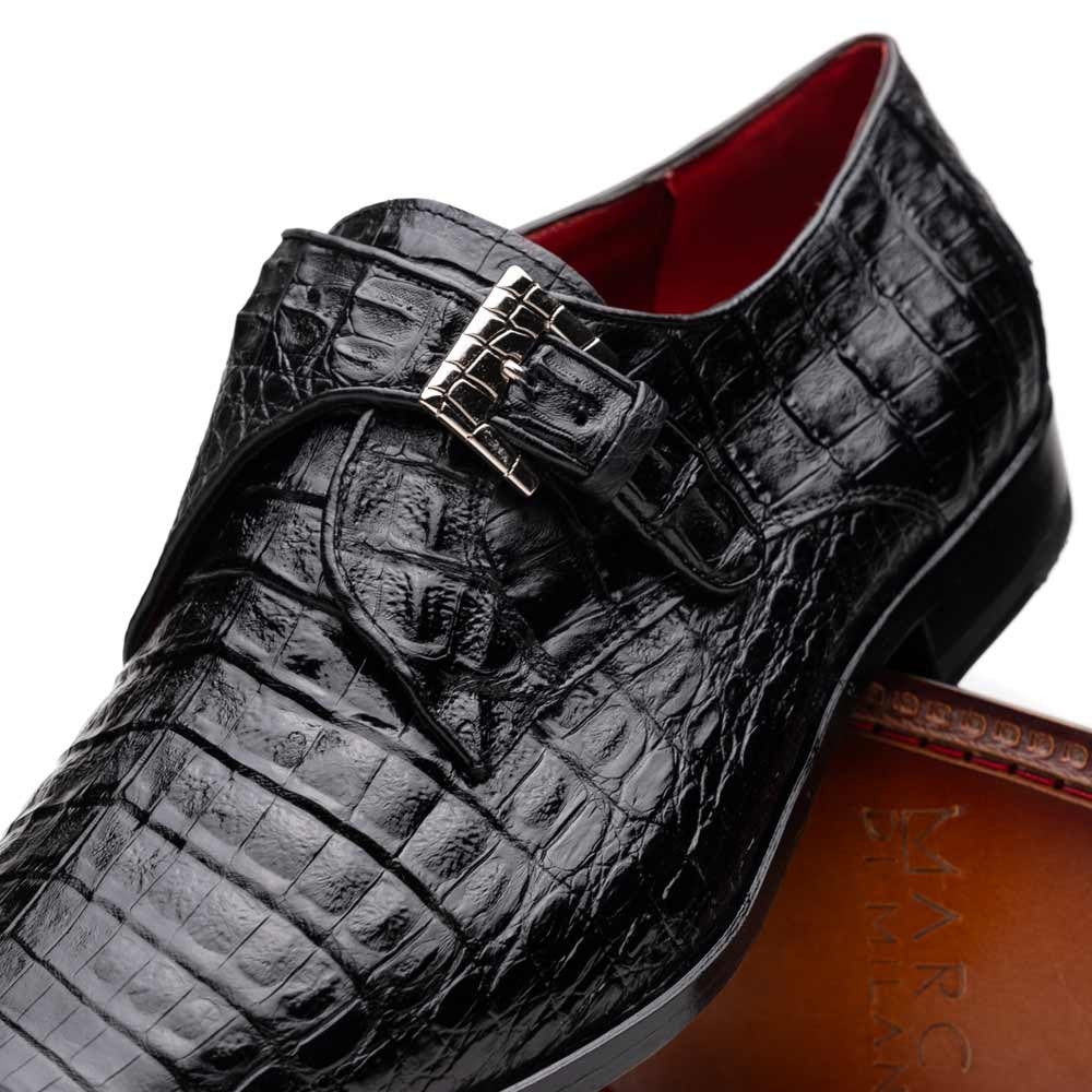 Rovigo Black Men’s Genuine Caiman Crocodile Dress Monk Strap | Marco Di Milano
