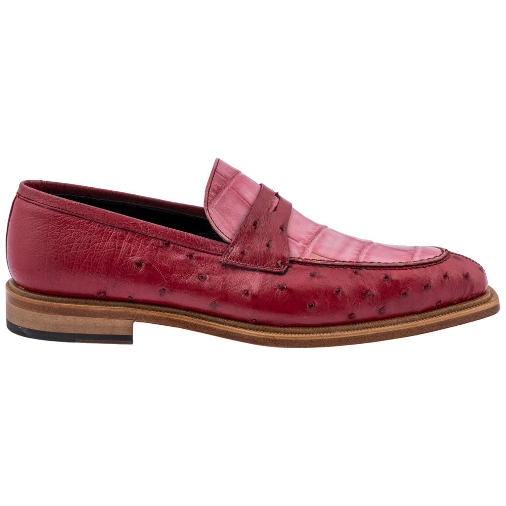 MAURI Shoes Men’s Moc Toe Lace-Up Pink Ostrich Quill & Red Alligator Leather Luxury Dress Shoes