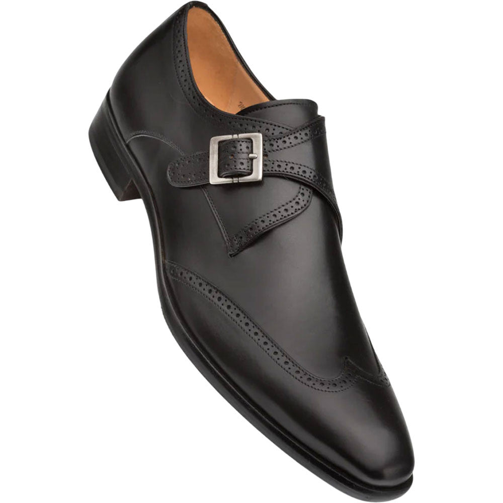 Mezlan Forest Black Wing Tip Monk Strap - Men's Hand-Burnished Calfskin Dress Shoe Handmade in Spain