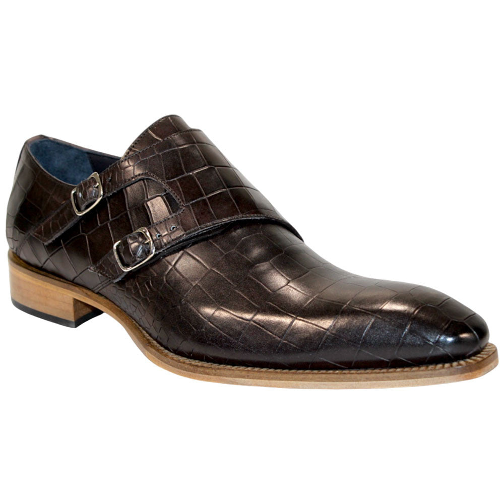 Duca Vergato Men's Chocolate Croco Print Leather Monkstrap Oxfords Shoes