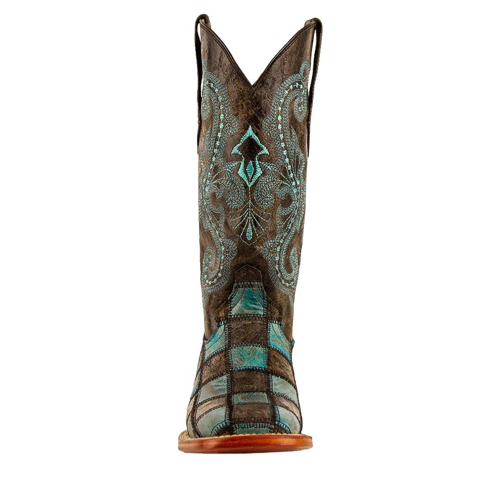 Ferrini Patchwork Ladies Black/Teal Full Grain Square Toe Leather Boots
