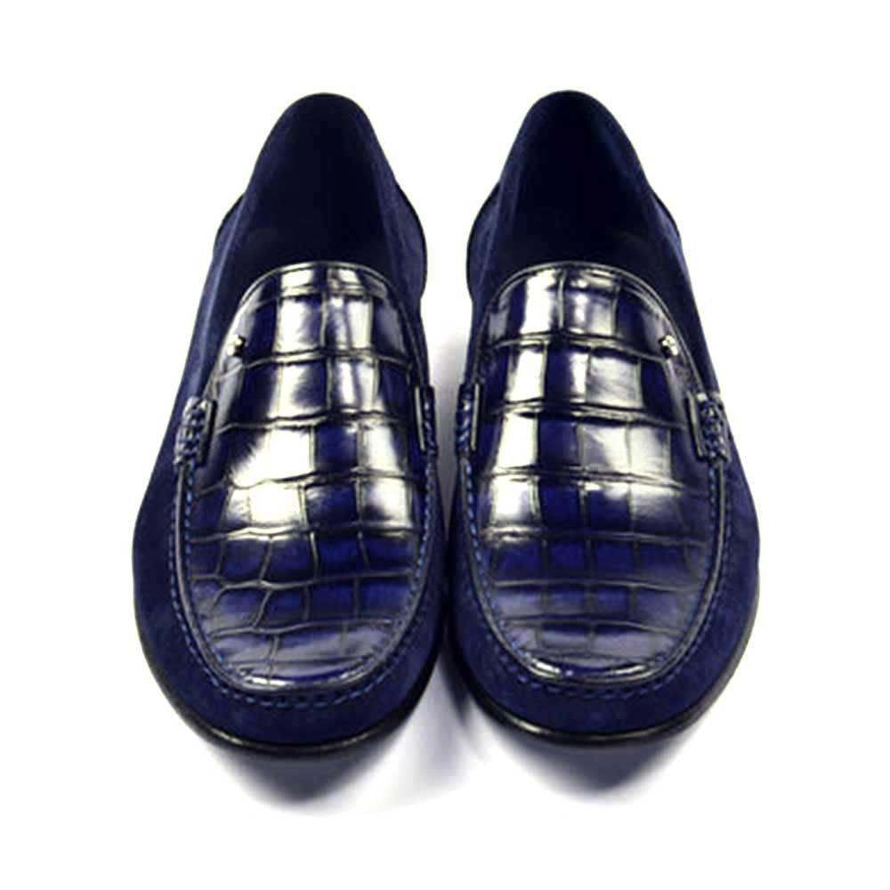 Corrente Jon Navy Blue Crocodile Print Leather & Suede Loafer for men