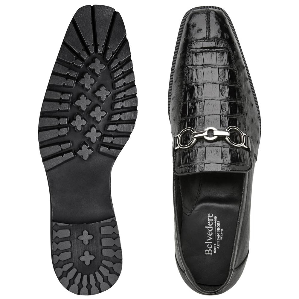 Belvedere Men’s Genuine Caiman and Ostrich Quill Black Loafer - Corso