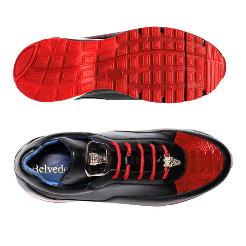 Belvedere Flash Black/Red Ostrich Leg & Calf Sneakers