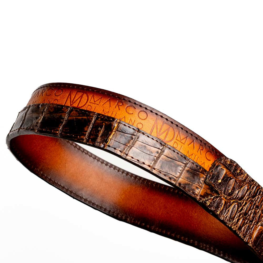 Texas Genuine Caiman Crocodile Skin Belt in Aged Maple with Antique Western Buckle | Marco Di Milano Exotic Belt