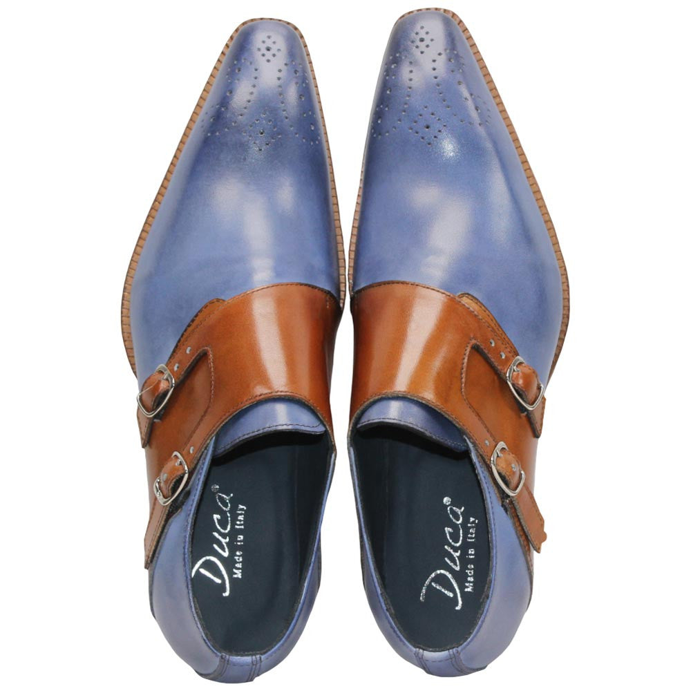 Vergato Light Blue/Cognac Calfskin Leather Monkstraps Oxford | Duca Dress Shoes for Men