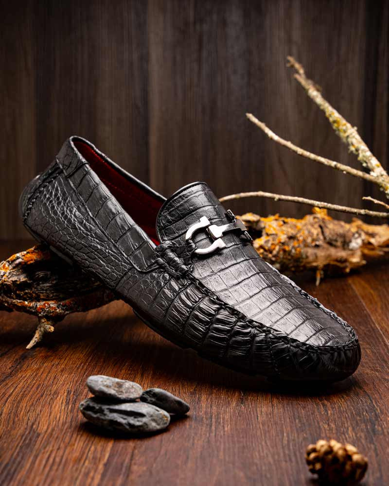 Marco Di Milano Parma Black Caiman Belly Bit Driving Loafers