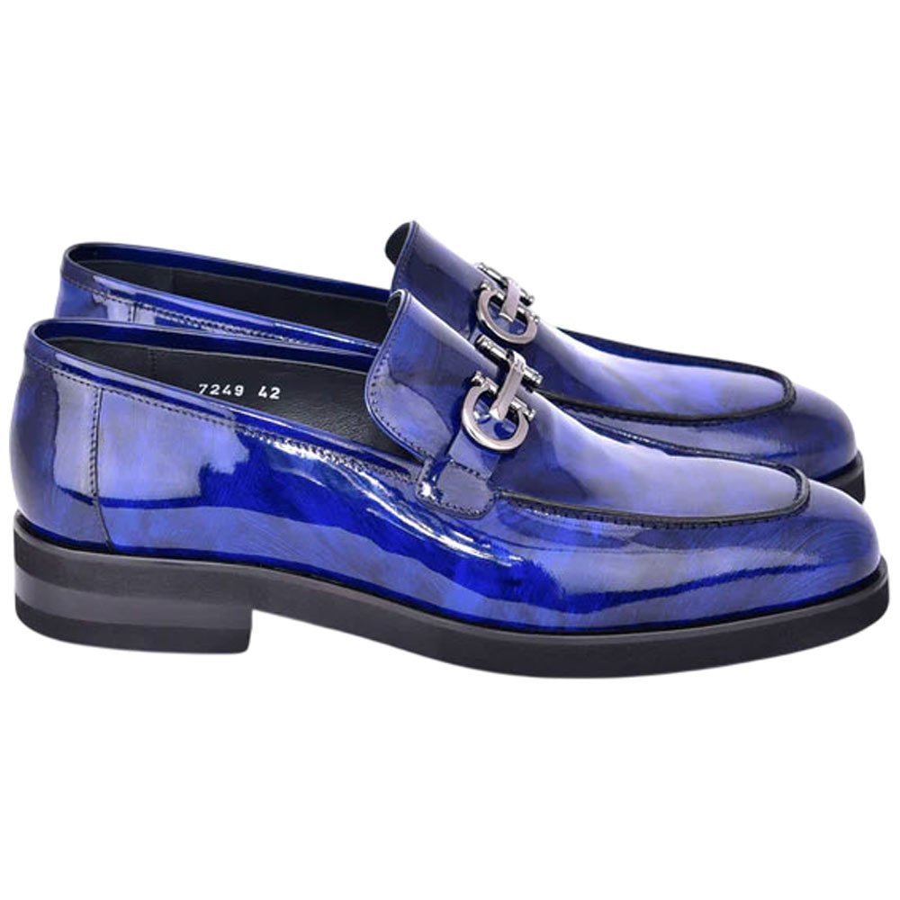 Men’s Glossy Finish Marble Blue Low Cut Buckle Round Toe Loafer By Corrente - shoeclassix.com