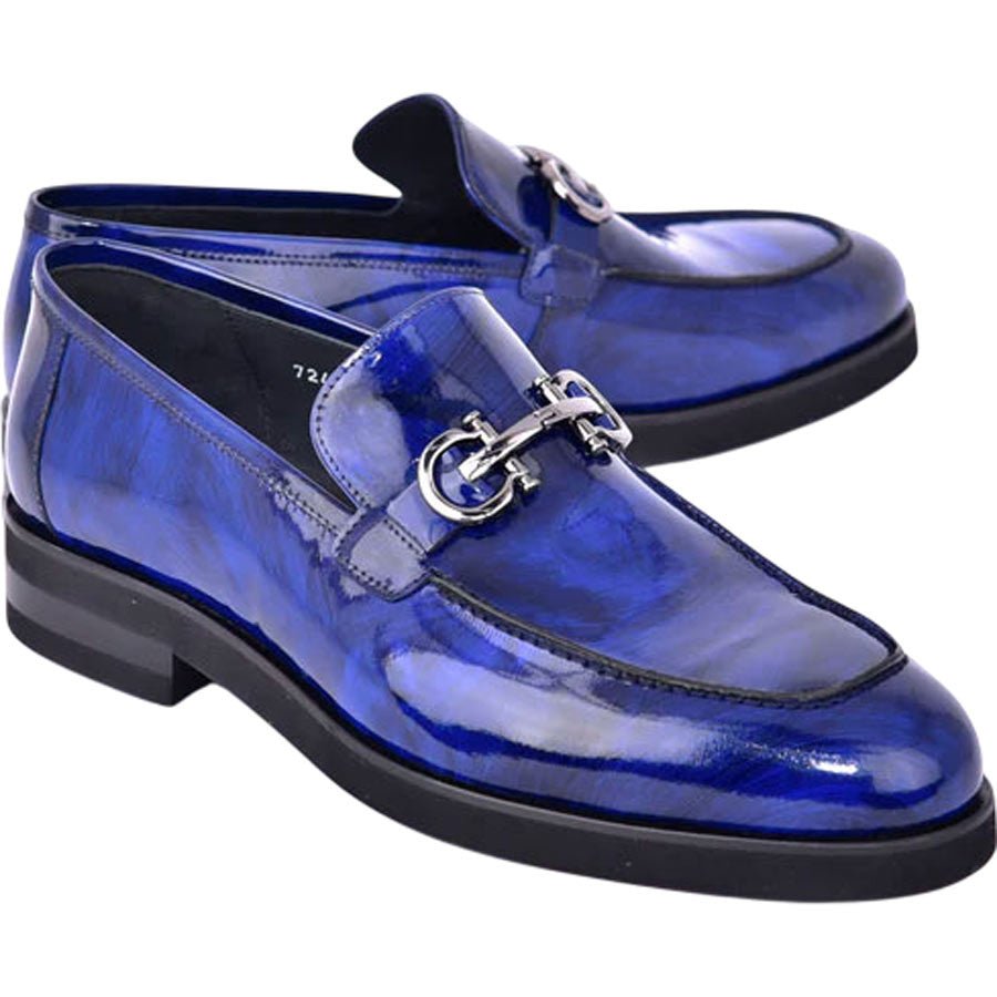 Men’s Glossy Finish Marble Blue Low Cut Buckle Round Toe Loafer By Corrente - shoeclassix.com