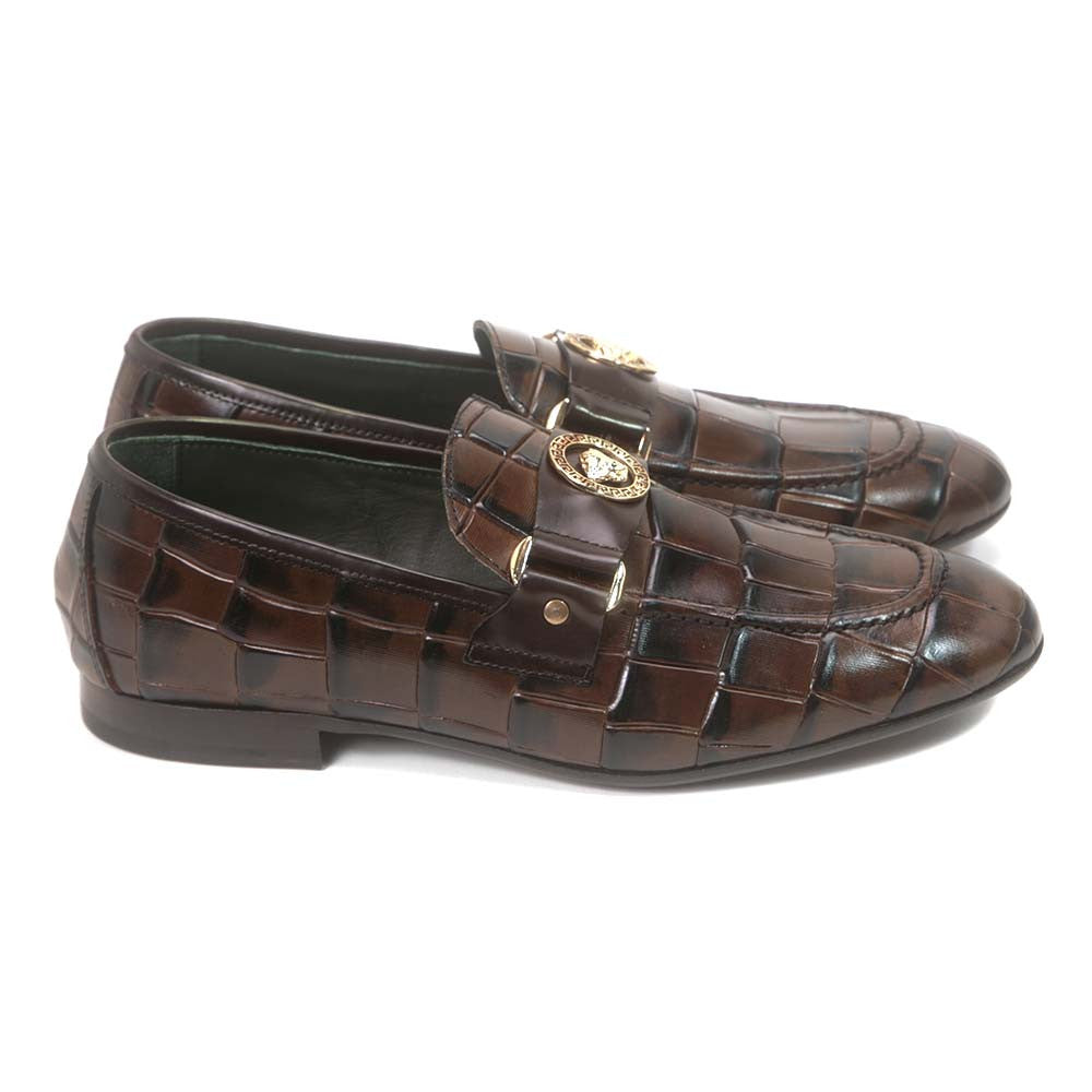 Sigotto Uomo Brown Leather Gator Print Loafer with Leather Sole