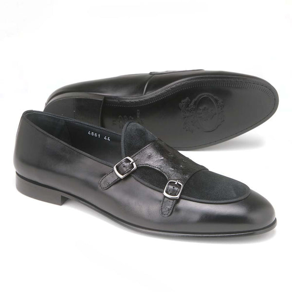 Corrente Black Leather Men’s Vamp Double Monk Strap Shoes