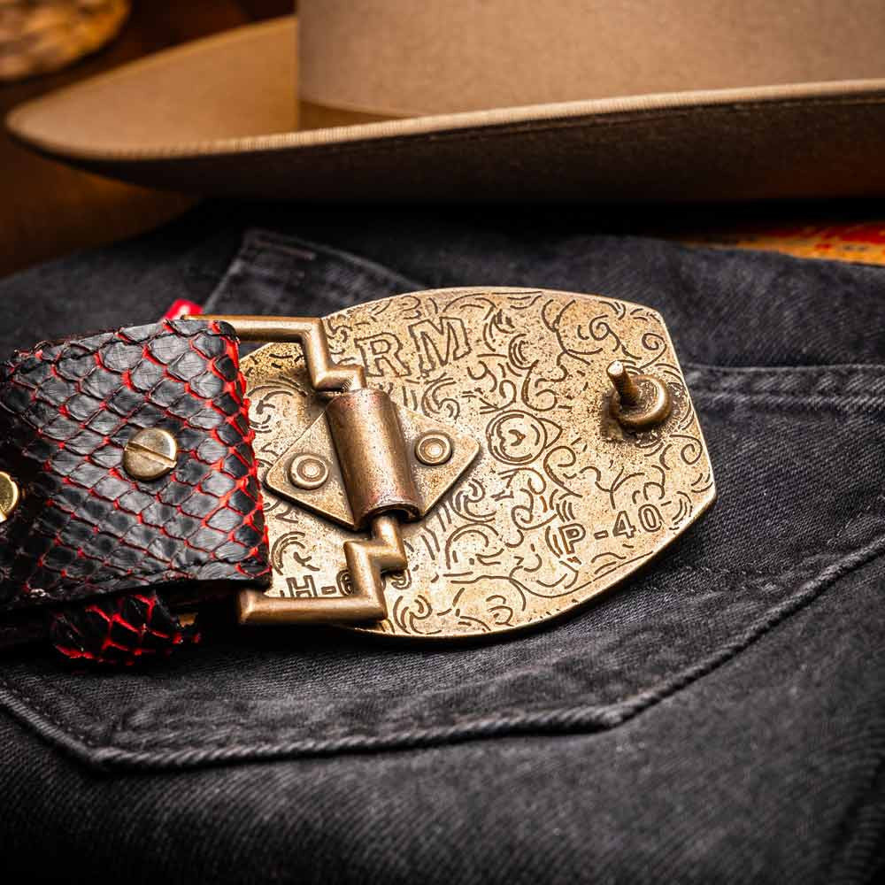 Arkansas Genuine Python Skin Western Belt in Black Cherry with Antique Western Buckle | Marco Di Milano Exotic Belt