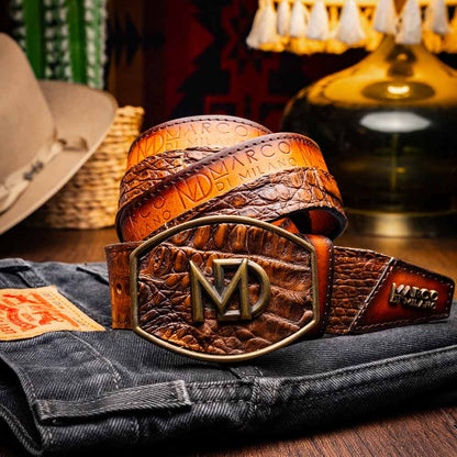 Texas Genuine Caiman Crocodile Skin Belt in Aged Maple with Antique Western Buckle | Marco Di Milano Exotic Belt