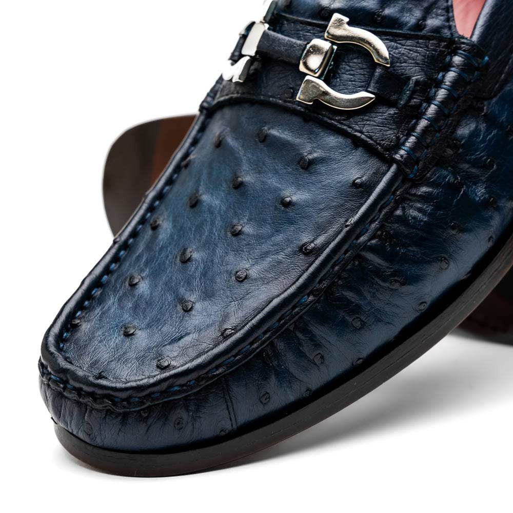Ferrioni Men’s Genuine Ostrich Moc Toe Bit Loafers | Marco Di Milano in Navy