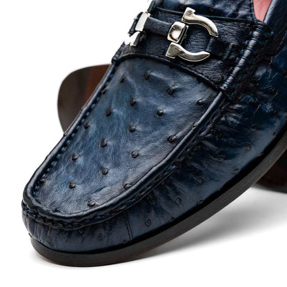 Ferrioni Men’s Genuine Ostrich Moc Toe Bit Loafers | Marco Di Milano in Navy