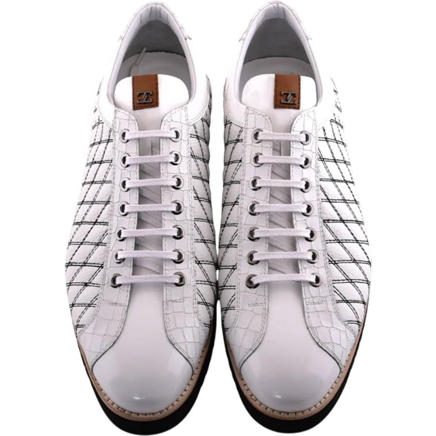 Corrente Men’s White Calfskin Round Toe Sport Sneaker with Quilted Side Design