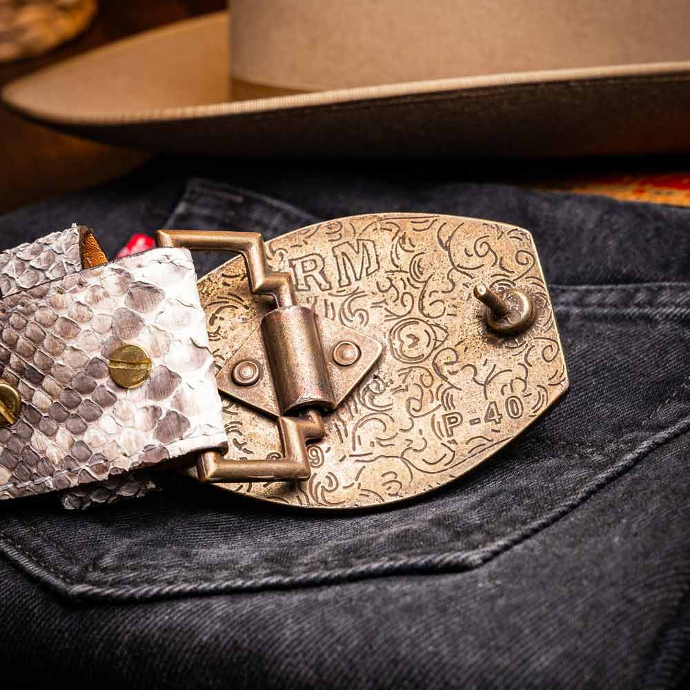 Arkansas Genuine Python Skin Western Belt in Natural with Antique Western Buckle | Marco Di Milano Exotic Belt