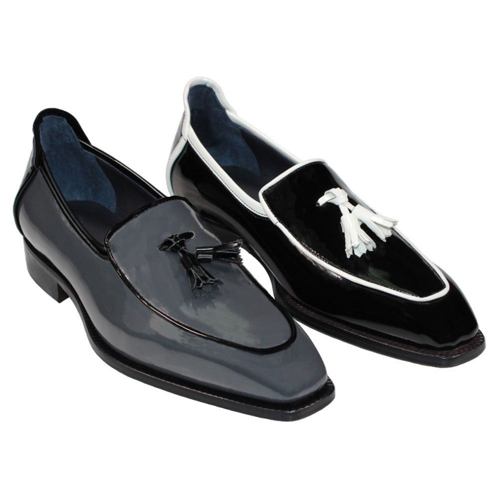 Duca Fano Grey/Black Genuine Italian Patent Leather Tassel Loafer Shoes