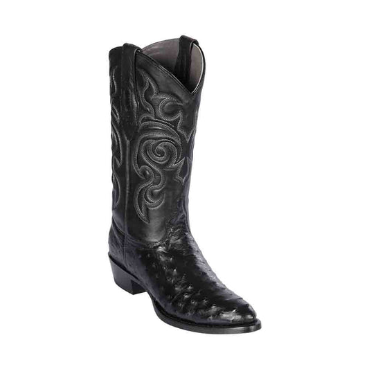 Los Altos Black Round Toe Genuine Ostrich Skin Boots