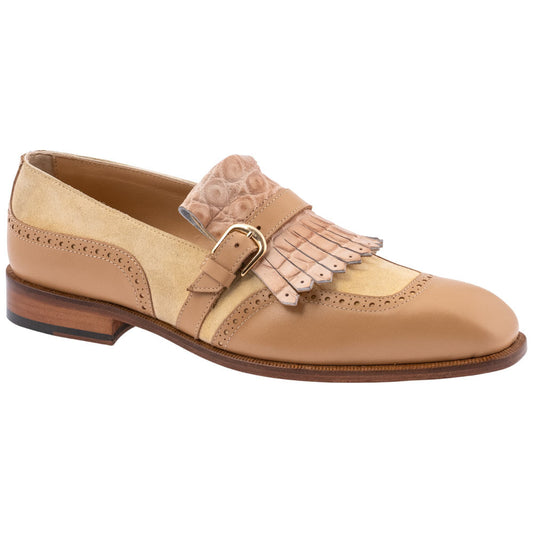 MAURI Shoes Men’s Kiltie Slip-On Dune Champagne Alligator, Calfskin & Suede Leather Luxury Loafers
