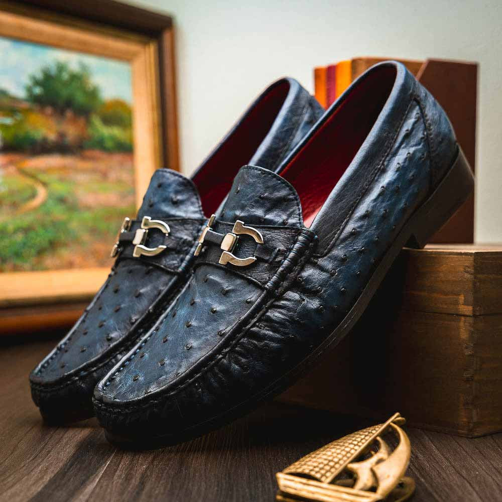 Ferrioni Men’s Genuine Ostrich Moc Toe Bit Loafers | Marco Di Milano in Navy