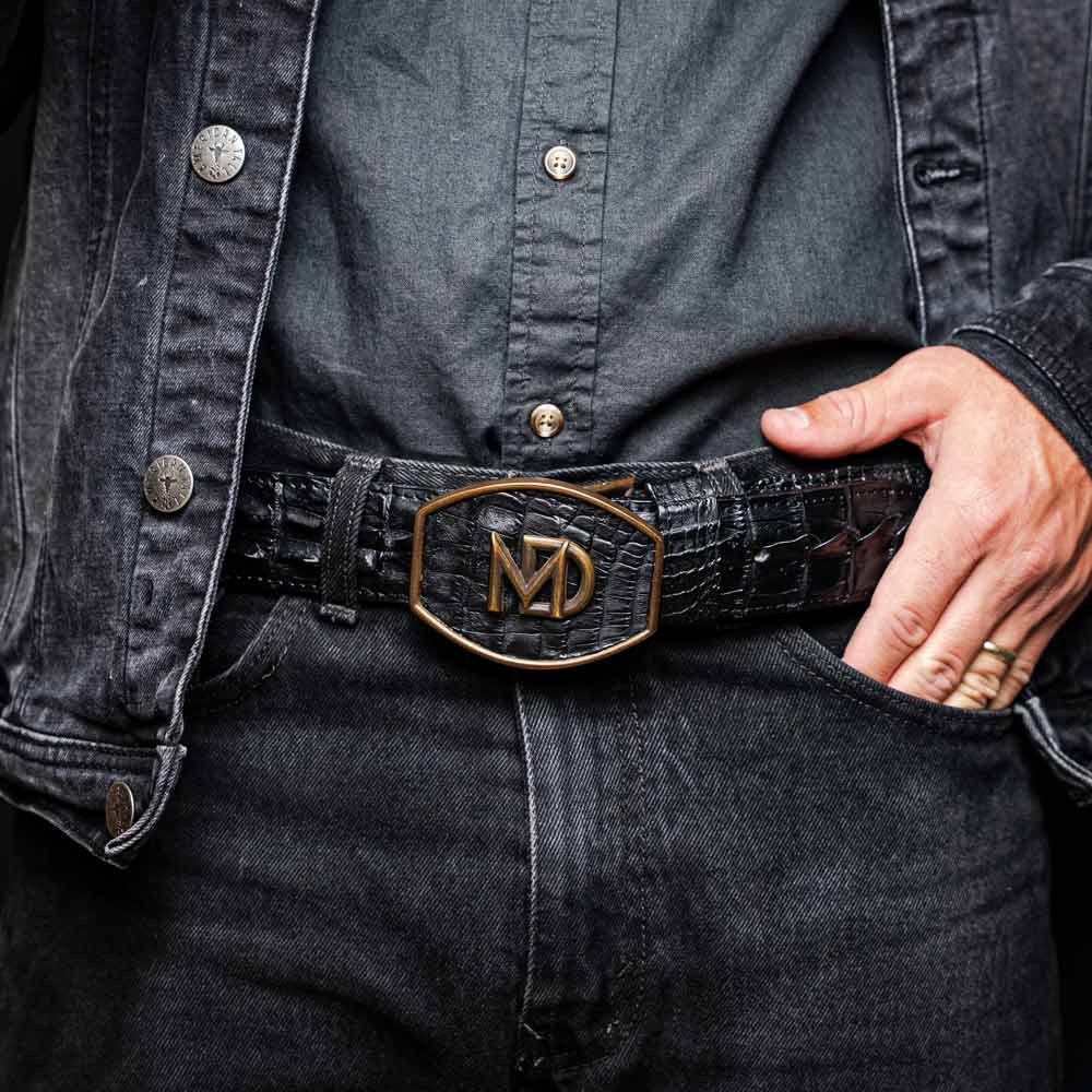 Marlboro Genuine Hornback Caiman Skin Belt in Black with Antique Western Buckle | Marco Di Milano Exotic Belt