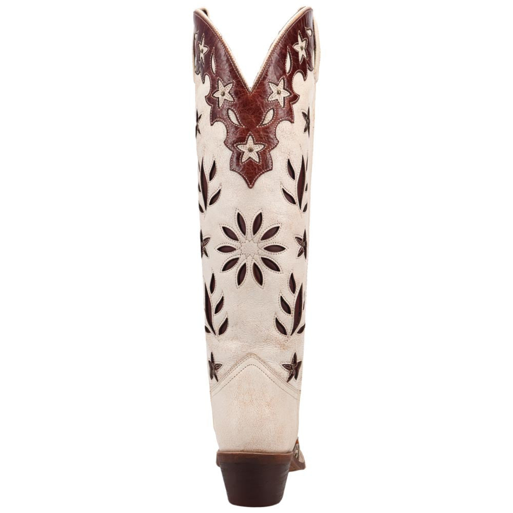 Laredo Flourish Women's White Leather Western Boot - 17" Tall Snip Toe with Floral Overlay