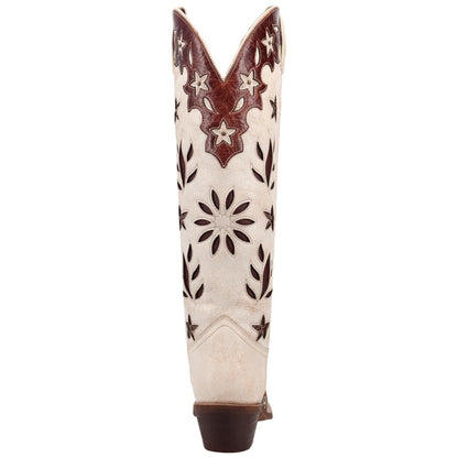 Laredo Flourish Women's White Leather Western Boot - 17" Tall Snip Toe with Floral Overlay