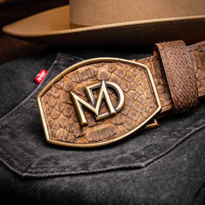 Arkansas Genuine Python Skin Western Belt in Brown with Antique Western Buckle | Marco Di Milano Exotic Belt
