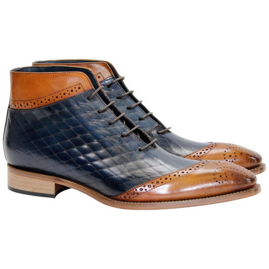 Lauro Navy/Cognac Calfskin Leather Boot | Duca Dress Boots for Men