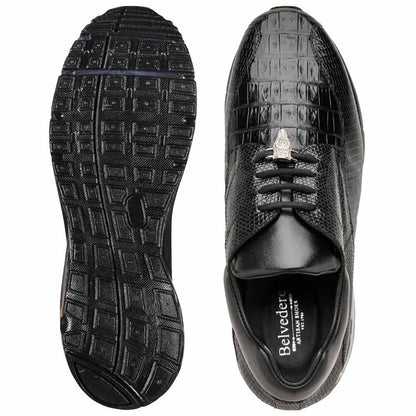 Belvedere Men’s Lazaro Genuine Caiman & Lizard Skin Black Sport Sneaker
