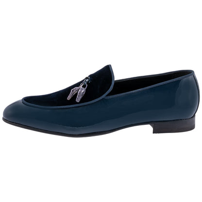 MAURI Shoes Men’s Bliss Wonder Blue Patent Leather & Velvet Tassel Moc Toe Luxury Dress Loafers