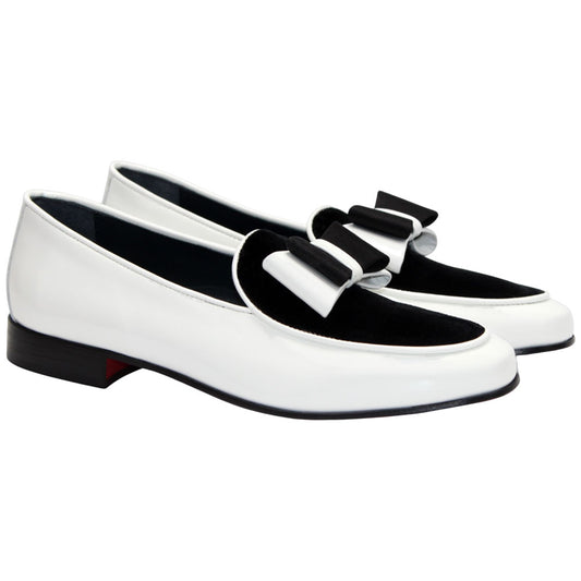 Duca Amalfi White & Black Velvet & Patent Leather Men's Slip on Bow Dress Loafers