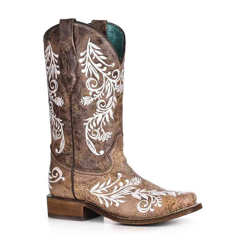 Corral Western Glow-in-the-Dark Square Toe Brown Embroidered Boots
